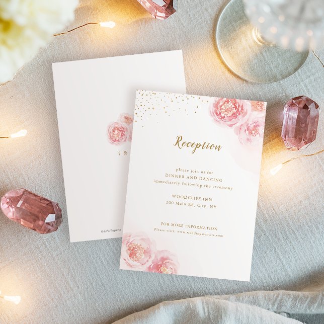 Eleganter Hochzeitsempfang mit Gold und Blüten Begleitkarte (Elegant gold & blush floral wedding reception enclosure card)