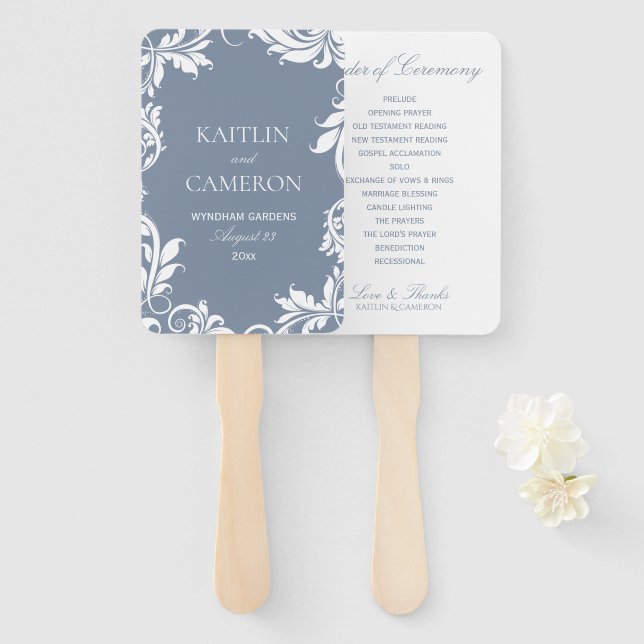 Eleganter Hochzeitsfan | BLÄTTER | Dusty Blue Fächer (Vorne und Hinten)