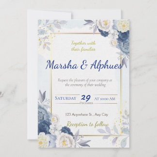Eleganter Hochzeitsinvit in Blau, Weiß und Gold Einladung