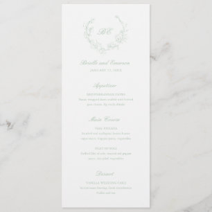 Eleganter Hochzeitskranz mit Monogramm in Salbeigr Menükarte