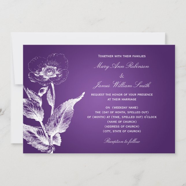 Eleganter Hochzeitsmohn Lila Einladung (Vorderseite)