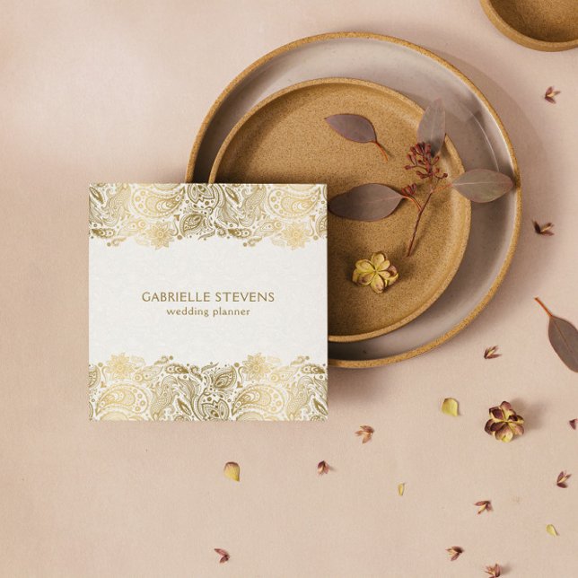 Eleganter Hochzeitsplaner aus Gold und Weiß Paisle Quadratische Visitenkarte (Von Creator hochgeladen)