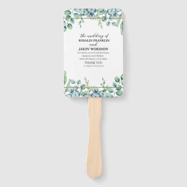 Eleganter Hochzeitsprogramm-Handfächer mit Grünpfl Fächer (Vorderseite)