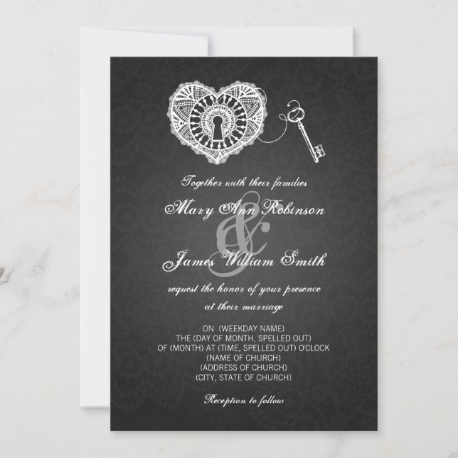 Eleganter Hochzeitsschlüssel für mein Herz Schwarz Einladung (Vorderseite)