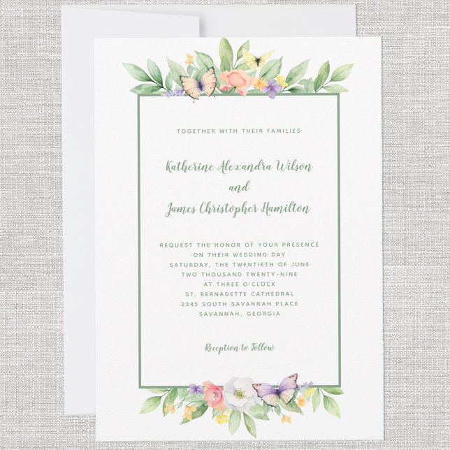 Eleganter Hochzeitssessel Blau-Blütenschmetterling Einladung (Elegant Wedding Watercolor Floral Butterfly Green Invitation)
