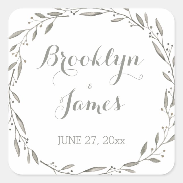 Eleganter Hochzeitsticker Gray Floral Wreath Quadratischer Aufkleber (Vorderseite)