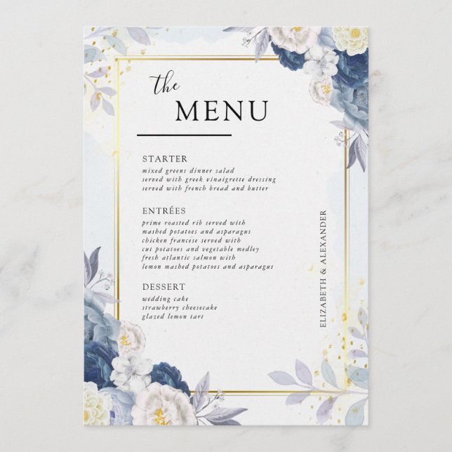 Eleganter Hochzeitstisch in Blau und Gold Menükarte (Vorderseite)