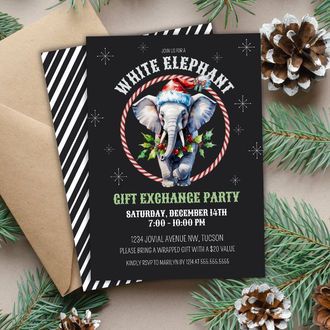 Eleganter Holiday White Elephant Gift Exchange Einladung (Vintage chalkboard base white elephant Christmas holiday gift exchange party invitations with holly)