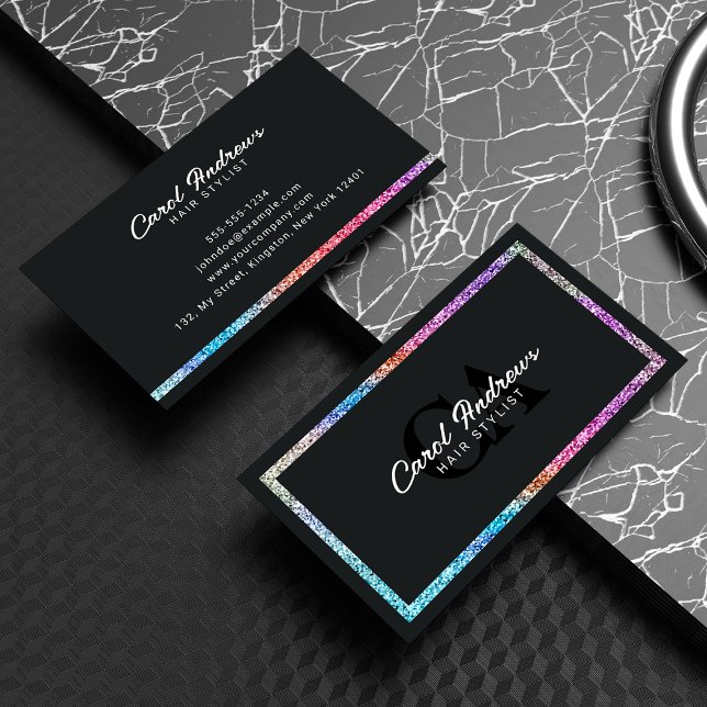 Eleganter holografischer Glitzer & Black Hair Styl Visitenkarte (Von Creator hochgeladen)