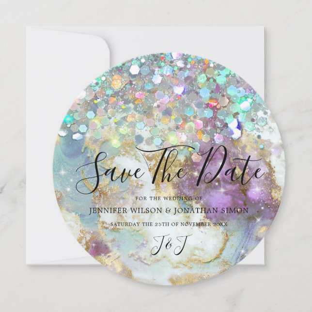 Eleganter holografischer Glitzer Moderner Goldmarm Save The Date (Vorderseite)