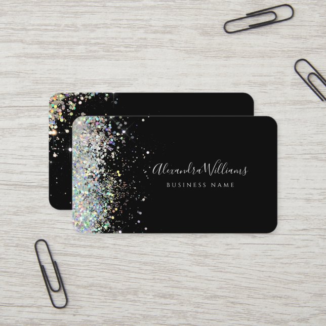 Eleganter holografischer Glitzer Östhetician Black Visitenkarte (Vorderseite/Rückseite Beispiel)