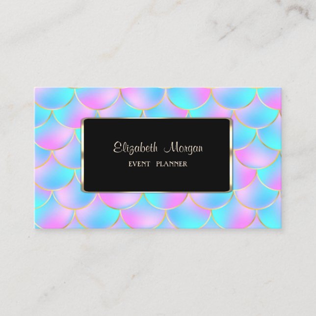 Eleganter Holographic Mermaid Scales Black Frame Visitenkarte (Vorderseite)