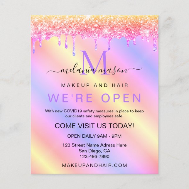 Eleganter Holographic Pink Unicorn Glitzer Salon Flyer (Vorne)