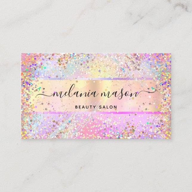 Eleganter Holographic Unicorn Confetti Glitzer Gol Visitenkarte (Vorderseite)