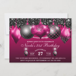 Eleganter Hot Pink & Black Glitzer Baubles Geburts Einladung