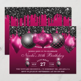 Eleganter Hot Pink & Black Glitzer Baubles Geburts Einladung