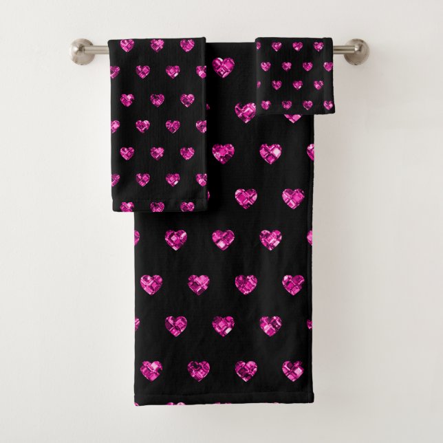 Eleganter Hot Pink Diamond Hearts Sparkle Glamour Badhandtuch Set (Insitu)