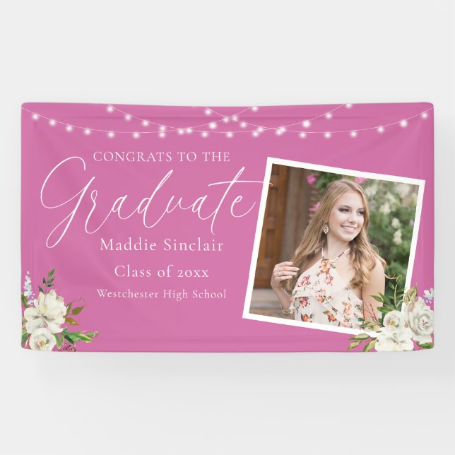 Eleganter Hot Pink Foto Floral Abschluss Banner (Horizontal)