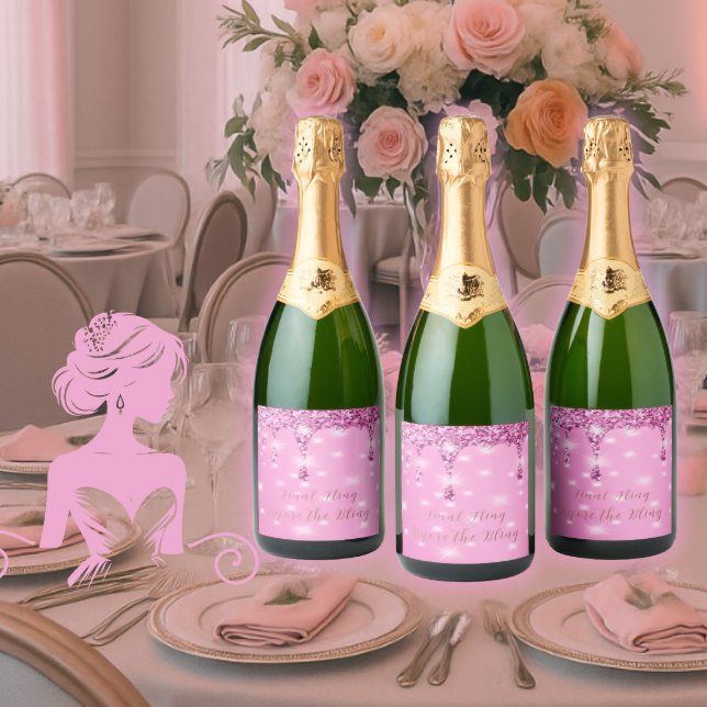 Eleganter Hot Pink Glitzer Tropfen Bachelorette (Pop the bubbly in style! Elegant pink glitter drip labels for your Final Fling Before the Bling.)