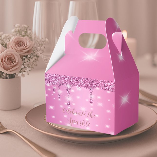 Eleganter Hot Pink Glitzer Tropfen Bachelorette Geschenkschachtel (Elegant hot pink glitter favor box for stylish bachelorette gifts and party table flair)