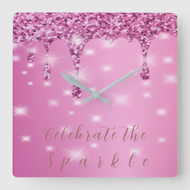 Eleganter Hot Pink Glitzer Tropfen Quadratische Wanduhr (Vorderseite)