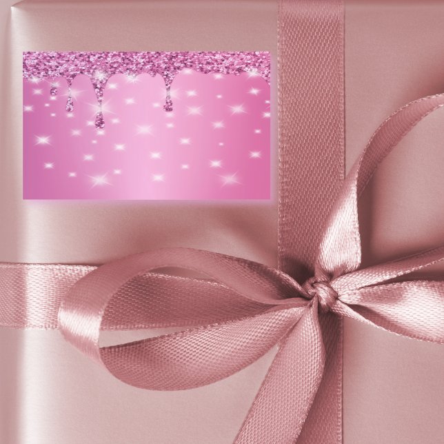 Eleganter Hot Pink Glitzer Tropfen Rechteckiger Aufkleber (Hot pink glitter drip bachelorette sticker — perfect for favors, gift bags, or party decor)