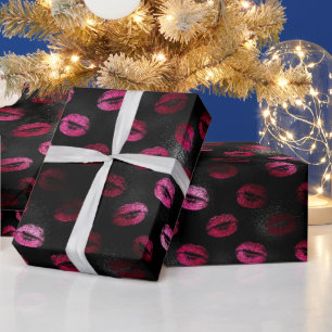 Eleganter Hot Pink und Schwarzer Glitzer Lipstick  Geschenkpapier