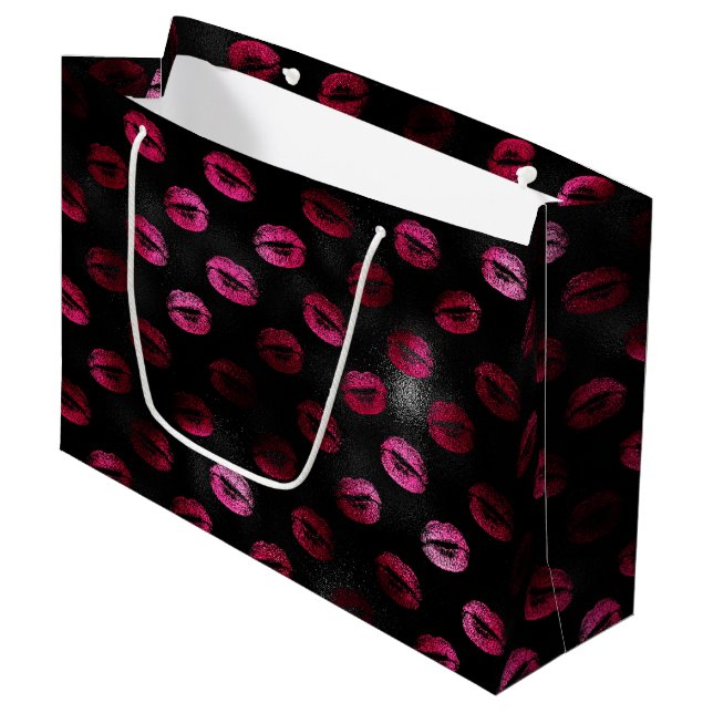 Eleganter Hot Pink und Schwarzer Glitzer Lipstick  Große Geschenktüte (Vorderseite Schrägansicht)
