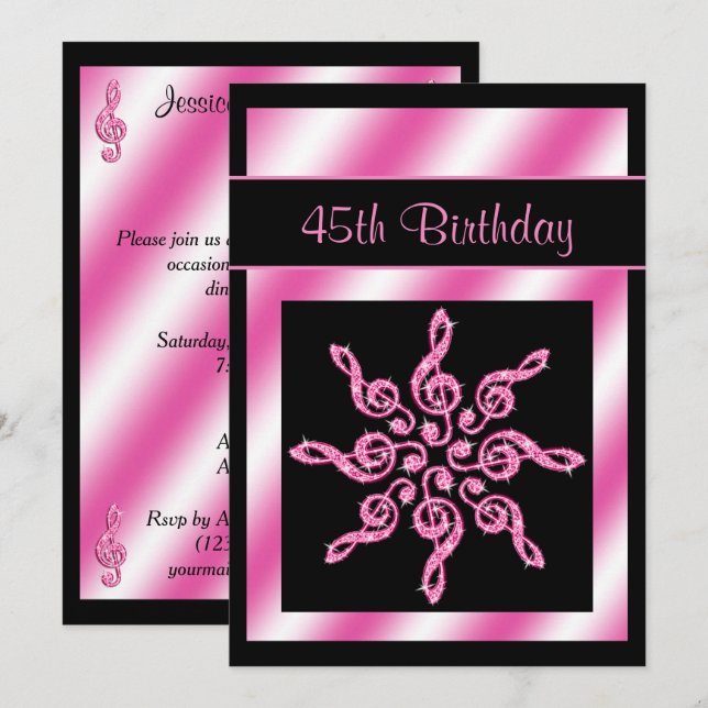 Eleganter, Hübsch rosa Musikzirkel 45. Geburtstag Einladung (Vorne/Hinten)