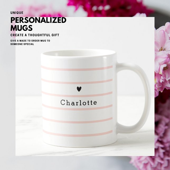 Eleganter Hübscher Chic Blush Pink Stripe Herzname Kaffeetasse (Von Creator hochgeladen)