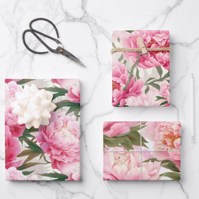 Eleganter Hübscher rosafarbener Peonies Blumenurla Geschenkpapier Set (Vorderseite)