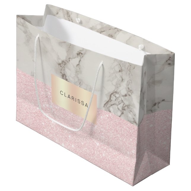 Eleganter hübscher Rose Gold Glitzer & weißer Marm Große Geschenktüte (Vorderseite Schrägansicht)