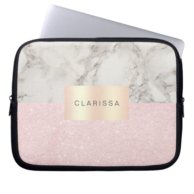 Eleganter hübscher Rose Gold Glitzer & weißer Marm Laptopschutzhülle (Vorderseite)