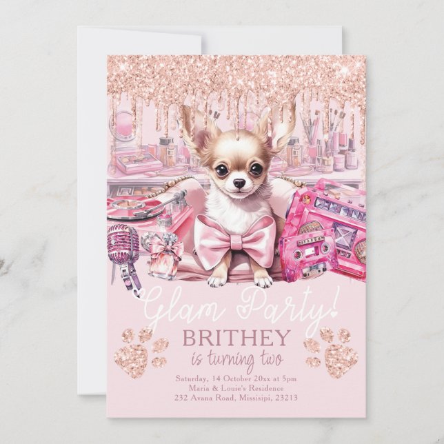 Eleganter Hund Glitzer Glam Birthday Einladung (Vorderseite)