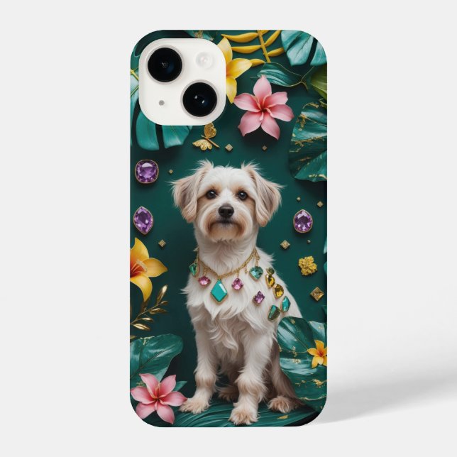 Eleganter Hund mit tropischen Blume und Edelstein iPhone 14 Hülle (Rückseite)