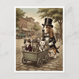 Eleganter Hund mit Zylinderhut schiebt Wagen mit K Postkarte