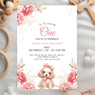 Eleganter Hund & Pfirsichblüte 1. Geburtstag Einladung