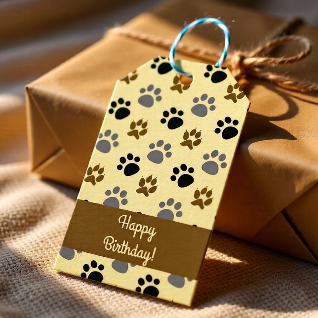 Eleganter Hundelpferd, personalisiert Geschenkanhänger (Neutral Brown Dog Paw Print Pattern for Pet Lovers Gift Tags)