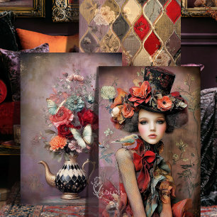 Eleganter Hutmacher Harlekin Rote Rose Trio Geschenkpapier Set