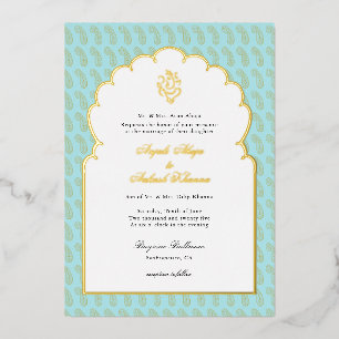 Eleganter indischer Ganesh-Hochzeit in Aqua und Go Folieneinladung