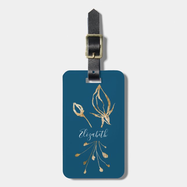 Eleganter individuelle Name aus Gold und Blumen Gepäckanhänger (Vorderseite vertikal)