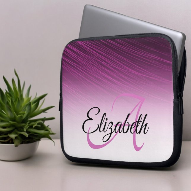 Eleganter Individuelle Name Monogram Lila Ombre St Laptopschutzhülle (front laptop sleeve with monogram and name template text)