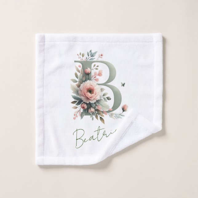Eleganter Initial B Peony Dusty Pink Sage Green Na Waschlappen (Waschlappen)