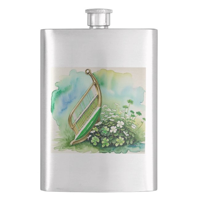Eleganter Irish Harp & Kleeblatt Hip Flask - Celti Flachmann (Vorderseite)