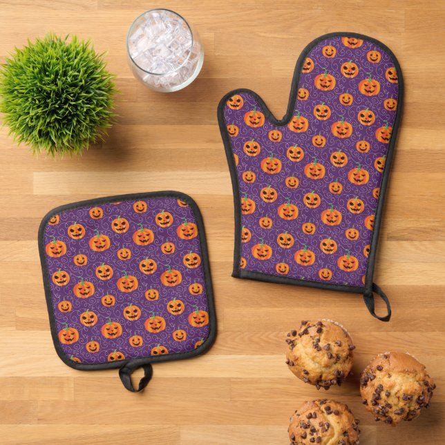 Eleganter Jack O' Lanterns Ofenhandschuh & Topflappen-Set (Oben Unten)