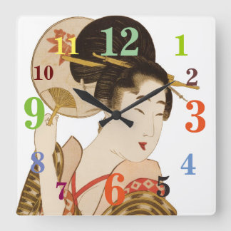 Eleganter japanischer Geisha mit Lüftermauer-Uhr Quadratische Wanduhr