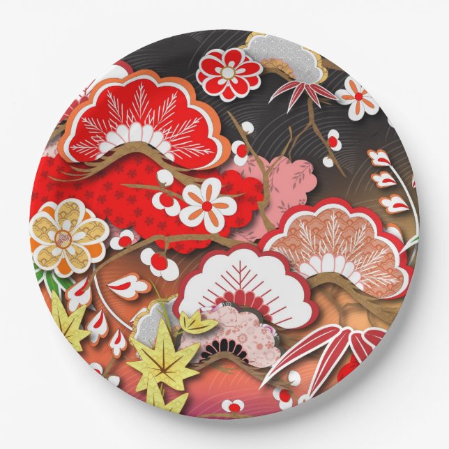 Eleganter japanischer Herbst Kimono Pappteller (Vorderseite)