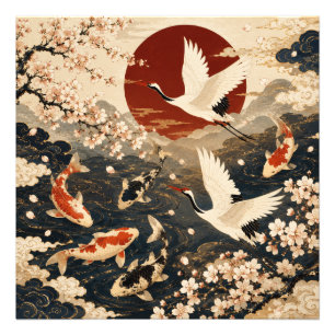 Eleganter japanischer Koi- und Kranich-Serenitäts- Fotodruck