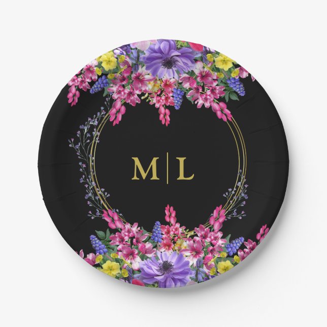 Eleganter Jeden Anlaß Monogram Black Multi Floral Pappteller (Vorderseite)
