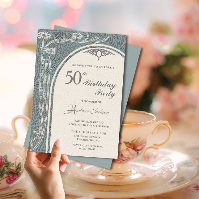 Eleganter Jugendstil Aquamarin & Silver Floral Geb Einladung (Elegant Art Nouveau Teal & Silver Floral Birthday Invitation)